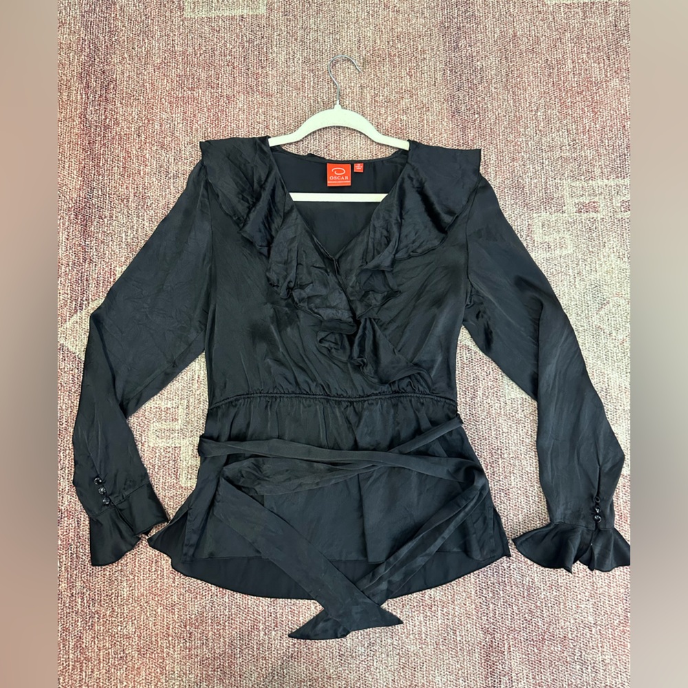 Oscar Oscar de la renta silk long sleeve v neck ruffle  belted Blouse top sz 10